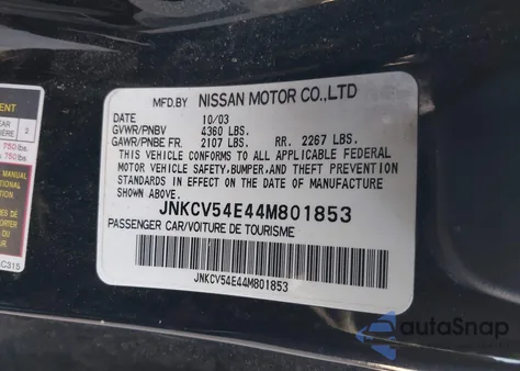 2004 Infiniti G35 z USA, uszkodzony, nr VIN JNKCV54E44M801853